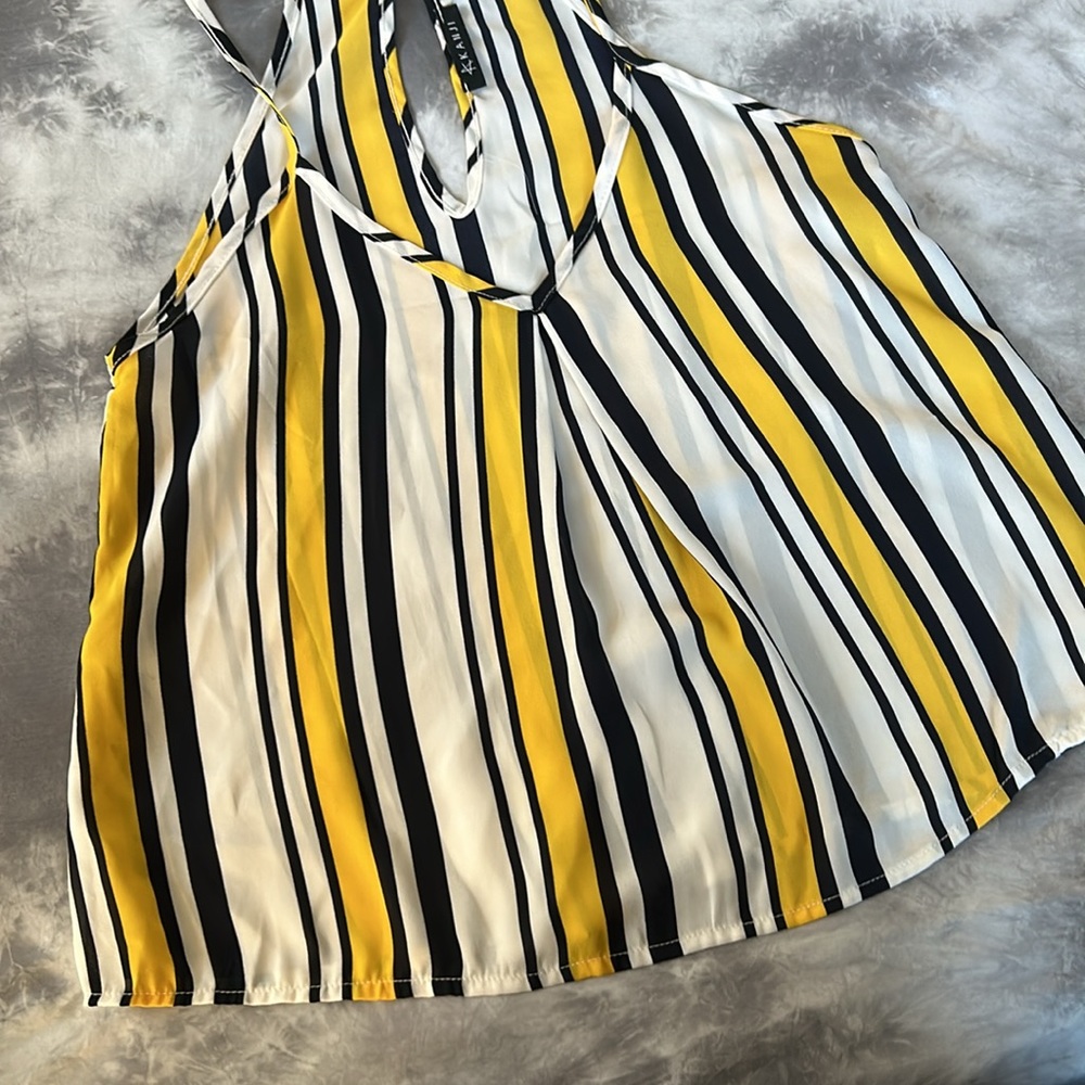 Kanji Yellow Navy Dark Blue and White Tank Top Blouse V Neck Striped Vertical - Picture 3 of 4